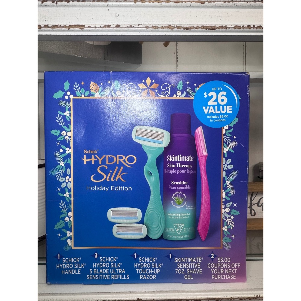 Schick Hydro Silk Holiday Edition Gift Set Razor Refills & Skintimate Shave Gel